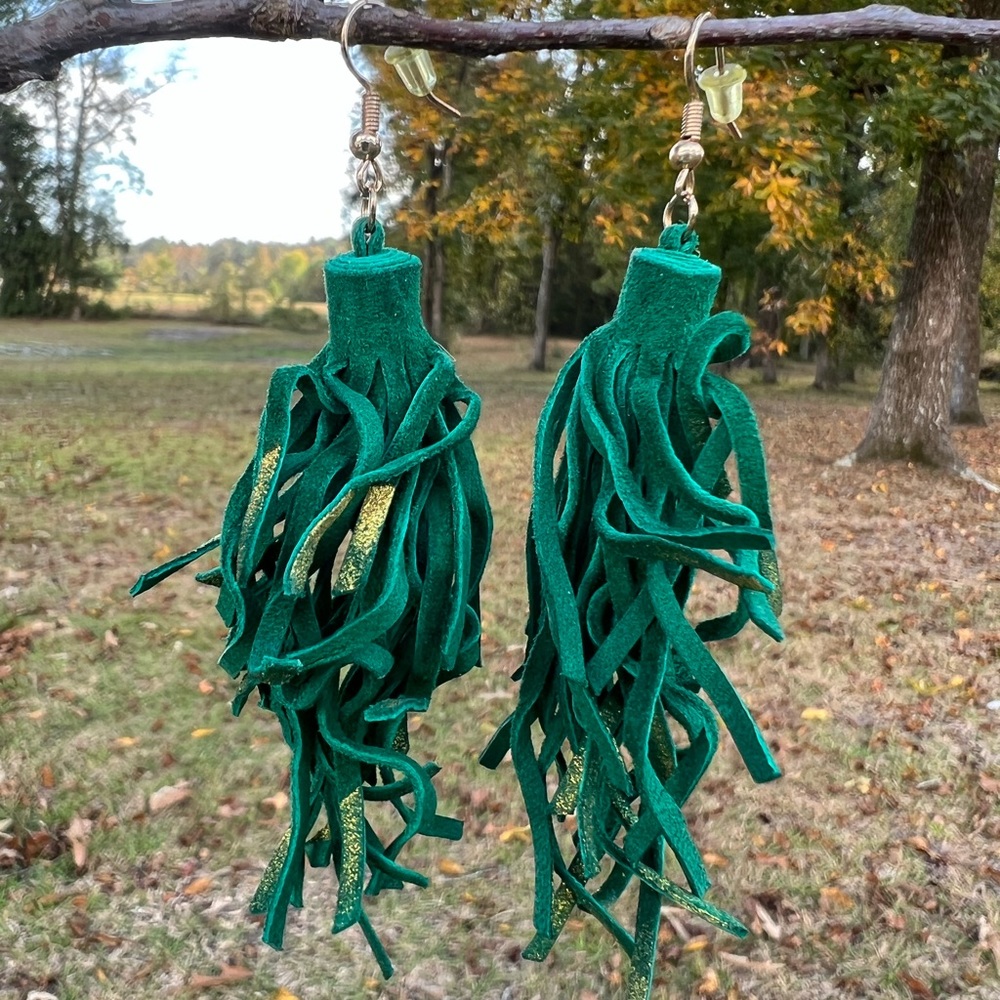 Deep peacock green faux suede earrings